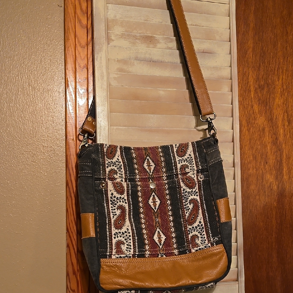 Myra Bag Handmade Mojave Shoulder Bag Upcycled Canvas & Cowhide Leather